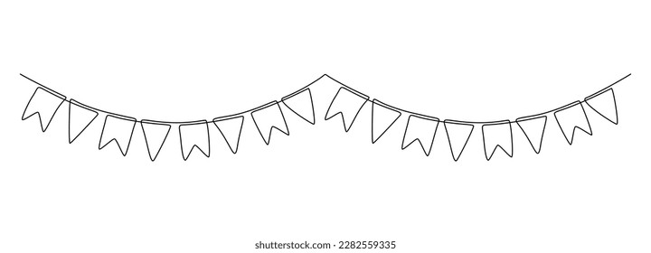 Garland bunting with flags in one continuous line drawing. Birthday and jubilee party decoration in simple linear style. Festoon for celebrate baby shower. Editable stroke. Doodle outline vector