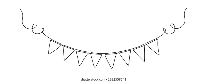 Garland bunting with flags in one continuous line drawing. Birthday and jubilee party decoration in simple linear style. Festoon for celebrate carnival and festivals. Editable stroke. Outline vector