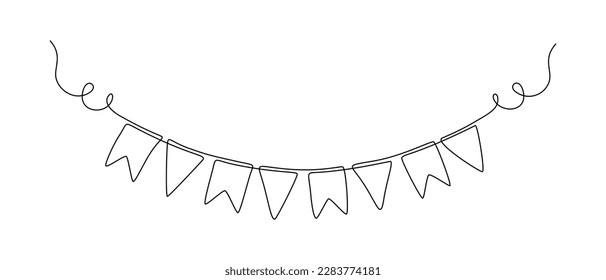 Garland bunting with flags in one continuous line drawing. Birthday and jubilee party decoration in simple linear style. Festoon for celebrate carnival and festivals. Editable stroke. Contour vector