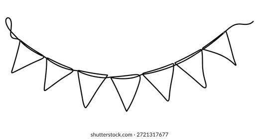 Garland bunting with flags in one continuous line drawing. Birthday and jubilee party decoration in simple linear style. Festoon for carnival and festivals. Editable stroke. Black contour vector