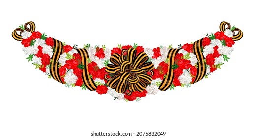 Garland of carnations and St. George ribbons. Victory Day. A traditional bouquet for laying at the grave of fallen soldiers.
