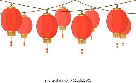Garland with Chinese lantern chain, red asian traditional paper lamps without background, fairy lights, footer and banner for decoration, vector illustration, eps 10