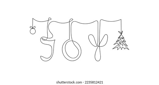 Garland with Christmas ball, letters, spruce drawn in one line. Word JOY. Christmas decoration. Continuous line drawing art. Vector illustration in doodle style..