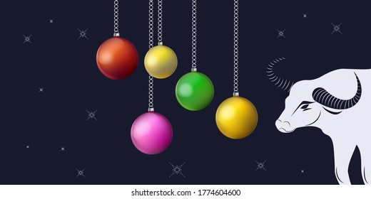 Garland of Christmas balls, Bull white with swirling horns - illustration, vector. New Year banner. Winter holidays. svg