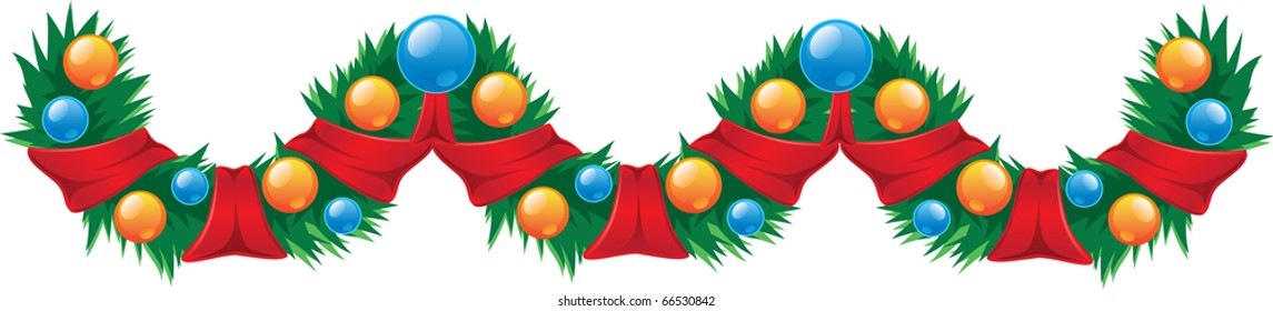 Garland Christmas decoration of pine tree, ribbons and decorative balls