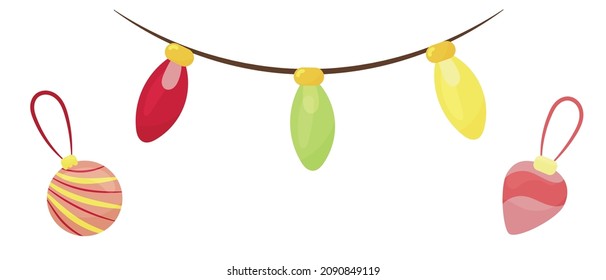 garland and christmas decorations, ball on the tree, vector cute illustration in flat style, new year and christmas