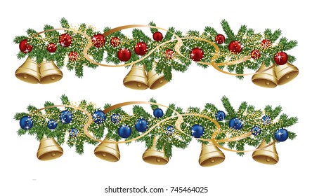 garland Christmas, Christmas garland from fir-tree, bells and balls