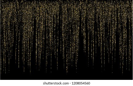 Garland Christmas gold glitter vector background illustration. VIP glowing holiday lights shine effect. Hanging vertical gold garlands square sparkles vector.