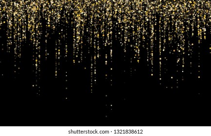Garland Christmas gold glitter vector background illustration. Premium glowing holiday lights shine effect. Hanging vertical gold garlands party design.