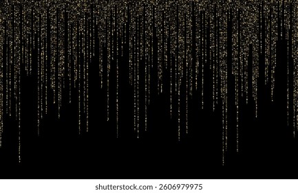 Garland Christmas gold glitter vector background illustration. Glamour glowing holiday lights shine effect. Hanging vertical gold garlands glossy Christmas border festival square confetti vector.