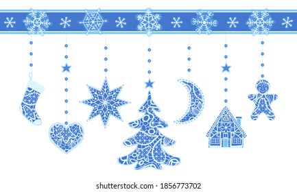 Garland of Christmas Holiday Elements. Winter holidays lace decorations isolated on white.