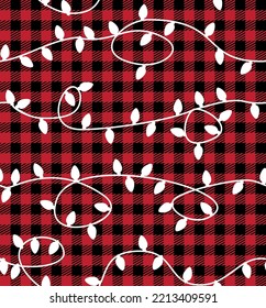 Garland Christmas light bulbs. Vector Seamless Pattern. Christmas and New Year pattern at Buffalo Plaid. Festive background for design and print