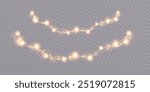 Garland of Christmas lights. Festive bright lights of bulbs. Christmas light garland isolated on transparent background with glitter. For New Year and holiday design.