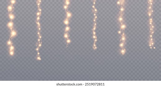 Garland of Christmas lights. Festive bright lights of bulbs. Christmas light garland isolated on transparent background with glitter. For New Year and holiday design.