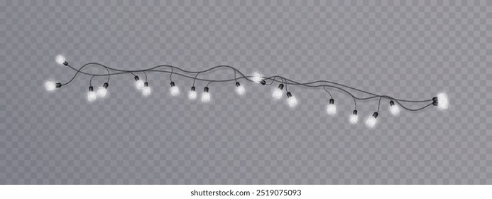 Garland of Christmas lights. Festive bright white lights of bulbs. Christmas light garland isolated on transparent background with glitter. For New Year and holiday design.