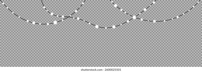 Garland of Christmas lights. Festive bright lights of bulbs. Christmas lights for holiday illustrations. Decorative element for greeting cards, invitations, backgrounds, business cards. Light glow.