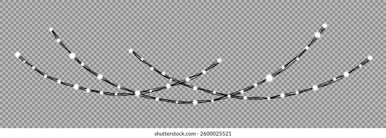Garland of Christmas lights. Festive bright lights of bulbs. Christmas lights for holiday illustrations. Decorative element for greeting cards, invitations, backgrounds, business cards. Light glow.
