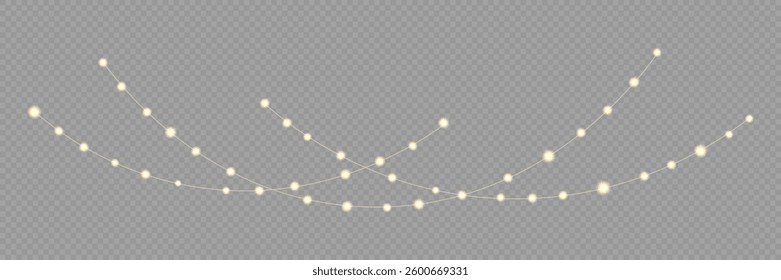 Garland of Christmas lights. Festive bright lights of bulbs. Christmas lights for holiday illustrations. Decorative element for greeting cards, invitations, backgrounds, business cards. Light glow.