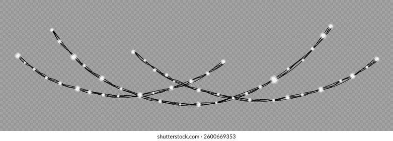 Garland of Christmas lights. Festive bright lights of bulbs. Christmas lights for holiday illustrations. Decorative element for greeting cards, invitations, backgrounds, business cards. Light glow.
