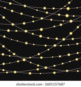 Garland of Christmas lights. Festive bright lights of bulbs. Christmas lights for holiday illustrations. Decorative element for greeting cards, invitations, backgrounds, business cards. Light glow.