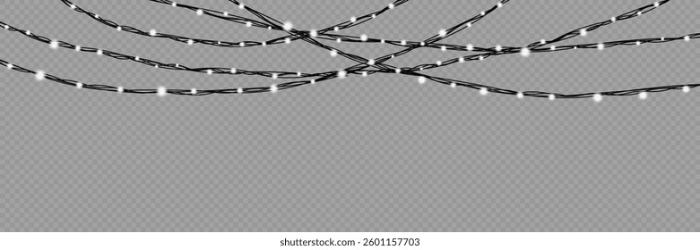 Garland of Christmas lights. Festive bright lights of bulbs. Christmas lights for holiday illustrations. Decorative element for greeting cards, invitations, backgrounds, business cards. Light glow.