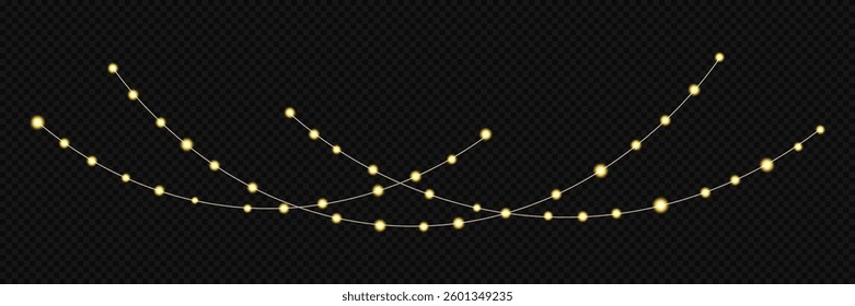 Garland of Christmas lights. Festive bright lights of bulbs. Christmas lights for holiday illustrations. Decorative element for greeting cards, invitations, backgrounds, business cards. Light glow.