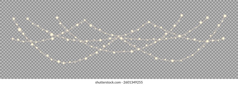 Garland of Christmas lights. Festive bright lights of bulbs. Christmas lights for holiday illustrations. Decorative element for greeting cards, invitations, backgrounds, business cards. Light glow.