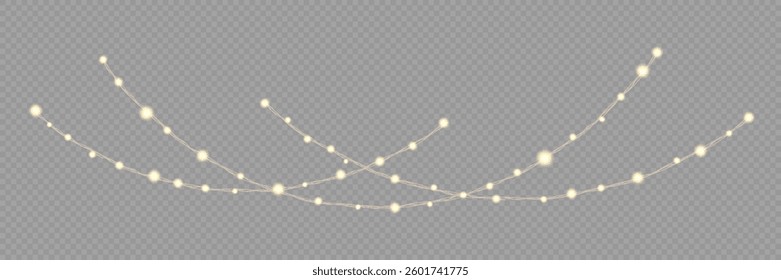 Garland of Christmas lights. Festive bright lights of bulbs. Christmas lights for holiday illustrations. Decorative element for greeting cards, invitations, backgrounds, business cards. Light glow.