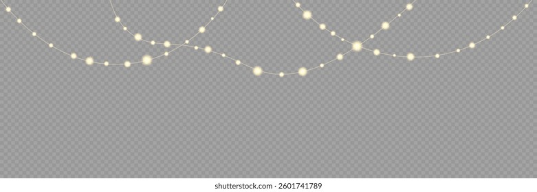 Garland of Christmas lights. Festive bright lights of bulbs. Christmas lights for holiday illustrations. Decorative element for greeting cards, invitations, backgrounds, business cards. Light glow.