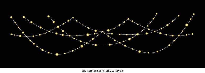 Garland of Christmas lights. Festive bright lights of bulbs. Christmas lights for holiday illustrations. Decorative element for greeting cards, invitations, backgrounds, business cards. Light glow.