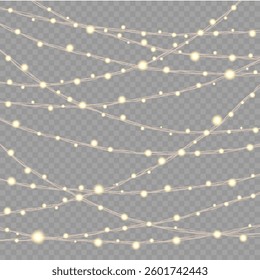 Garland of Christmas lights. Festive bright lights of bulbs. Christmas lights for holiday illustrations. Decorative element for greeting cards, invitations, backgrounds, business cards. Light glow.