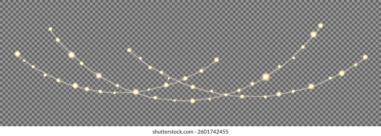Garland of Christmas lights. Festive bright lights of bulbs. Christmas lights for holiday illustrations. Decorative element for greeting cards, invitations, backgrounds, business cards. Light glow.