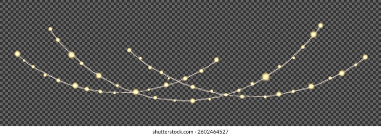 Garland of Christmas lights. Festive bright lights of bulbs. Christmas lights for holiday illustrations. Decorative element for greeting cards, invitations, backgrounds, business cards. Light glow.