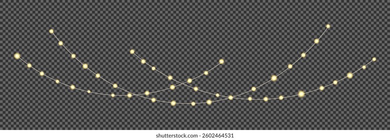 Garland of Christmas lights. Festive bright lights of bulbs. Christmas lights for holiday illustrations. Decorative element for greeting cards, invitations, backgrounds, business cards. Light glow.