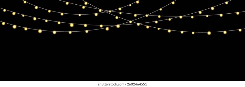 Garland of Christmas lights. Festive bright lights of bulbs. Christmas lights for holiday illustrations. Decorative element for greeting cards, invitations, backgrounds, business cards. Light glow.