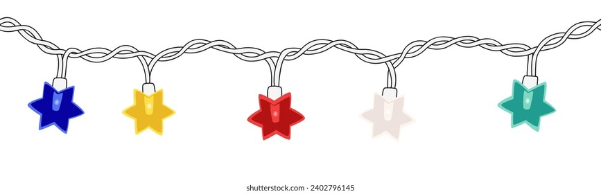 Garland with Christmas lights - seamless pattern. Hand drawn vector illustration. Flat color design.