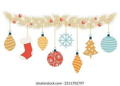 Garland with Christmas ornaments and baubles decorated with patterns. Hand drawn vector flat illustration isolated on white. Great for  Xmas and New year greeting cards, posters.