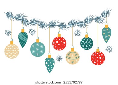 Garland with Christmas ornaments and baubles decorated with patterns. Hand drawn vector flat illustration isolated on white. Great for  Xmas and New year greeting cards, posters.