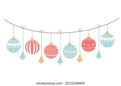 Garland with Christmas ornaments and baubles decorated with patterns. Hand drawn vector flat illustration isolated on white. Great for  Xmas and New year greeting cards, posters.