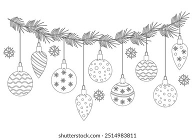 Garland with Christmas ornaments or baubles decorated with patterns. Contour drawing vector illustration isolated on white. Black outline. Great for coloring, Xmas and New year greeting cards