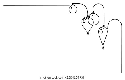 Garland of Christmas toys of different shapes. Continuous one line drawing. Isolated on white background. Merry Christmas and New Year sketch decoration. Vector illustration in minimal style.