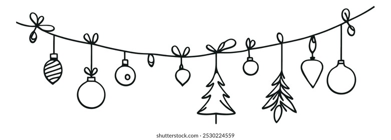 Garland de brinquedos de Natal de diferentes formas desenhadas em uma linha. Isolado sobre fundo branco