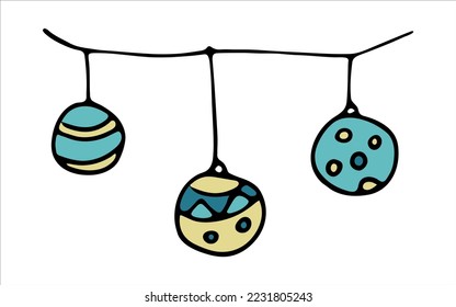 A garland of Christmas tree balls. Isolated color vector illustration in doodle style. Colorful festive balloons on a string.