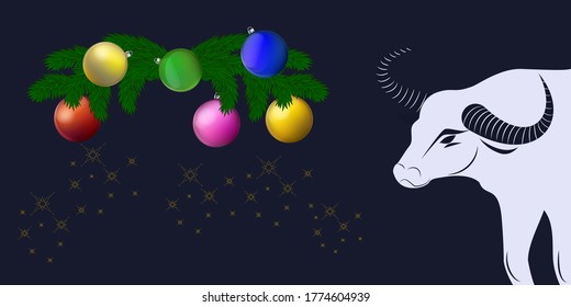 Garland of Christmas tree branches and balls, White bull with swirling horns - illustration, vector. New Year banner. Winter holidays. svg