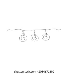 A garland of Christmas tree decorations made in one line. Vector illustration is suitable for postcards, banners, leaflets, websites, booklets, websites. 