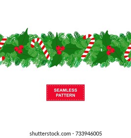 garland of christmas tree with holly and sweets isolated on white background. seamless pattern