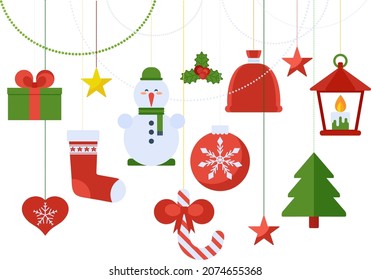 Garland with Christmas tree toys. Frame and border. Decor for greeting cards for Christmas and New Year. Congratulation, celebration invitation, card.