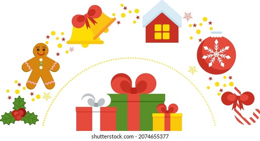 Garland with Christmas tree toys. Frame and border. Decor for greeting cards for Christmas and New Year. Congratulation, celebration invitation, card.