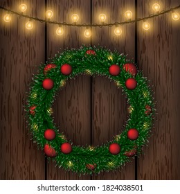 Garland, Christmas wreath. Spruce, snow. Holiday, Christmas. New Year's toys. The illustration is drawn on a wooden surface.