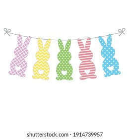 Garland of colored Easter bunnies with different ornaments, color vector isolated illustration
